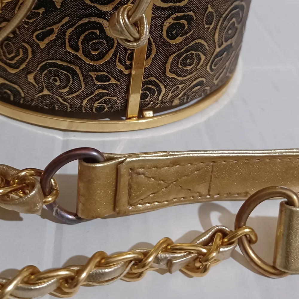 VINTAGE Metallic Drawstring Metal Frame Caged Bucket Shoulder Bag GUC - Picture 2 of 8